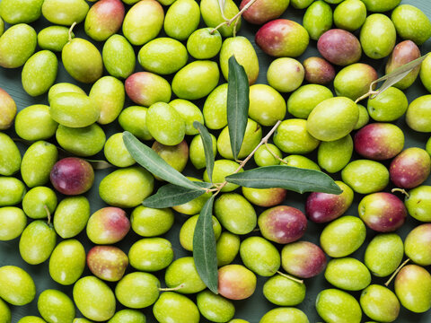 Freshly picked raw green olives. Food texture flat background.
