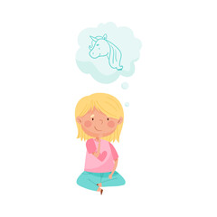 Pretty Red Cheeked Girl Sitting on the Floor and Dreaming about Unicorn Vector Illustration