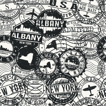 Albany, NY, USA Stamps Background. A City Stamp Vector Art. Set of Postal Passport Travel. Design Set Pattern.