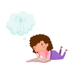 Interested Girl Reading Fairytale Book and Dreaming about Magic Vector Illustration