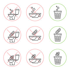 Do not litter in the toilet. Toilet no trash. Keeping the clean. Please do not flush paper towels, sanitary products, medical masks. No littering, warning symbol. Forbidden icon. Vector