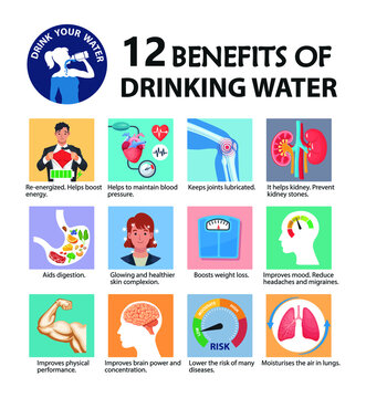 Benefits of drinking water vector infographic. 12 important health benefits of drinking water vector illustration.