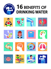 Benefits of drinking water vector infographic. 16 important health benefits of drinking water vector illustration.
