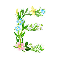 Capital Alphabet Letter Composed of Flowers and Decorative Nature Elements Vector Illustration