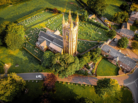 Aerial view of Widecombe in the Moor, a village and large civil parish on Dartmoor National Park in Devon, England