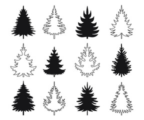 A set of black Christmas Trees. Winter season design elements and simply pictogram collection. Isolated vector xmas Icons and Illustration.