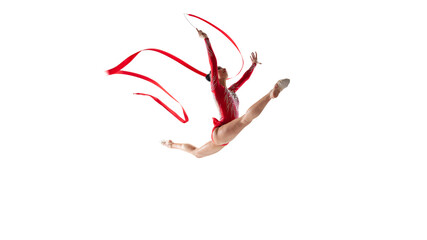 Rhythmic gymnast isoladed on white.