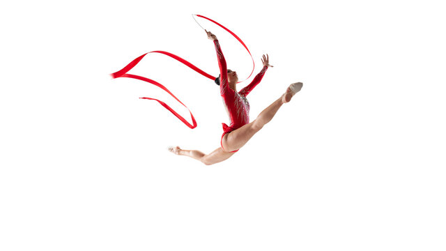 Rhythmic gymnast isoladed on white.