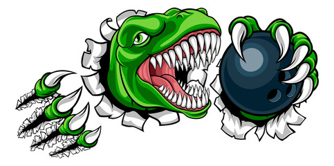 A dinosaur T Rex or raptor ten pin bowling player cartoon animal sports mascot holding a ball in its claw © Christos Georghiou