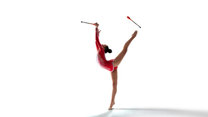 Rhythmic gymnast isoladed on white.