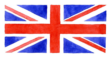 Hand drawn watercolor illustration of flag of Great Britain, isolated on white background. State symbol of Great Britain.