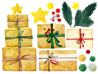 Watercolor elements. New year gift. Christmas. Boxes, fir branches, stars.