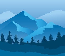 Landscape of mountains and pine trees on blue background design, nature and outdoor theme Vector illustration