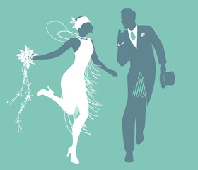 Funny wedding couple dressed vintage style wedding clothes dancing in retro style