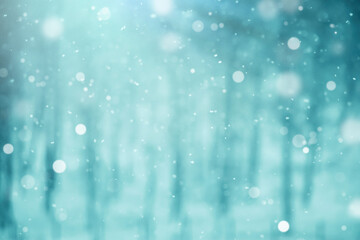 Naklejka na ściany i meble Snow flakes on blurred blue background. Defocus lights, winter landscape.