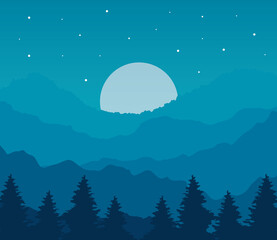 Landscape of pine trees and moon on blue background design, nature and outdoor theme Vector illustration