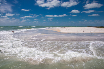 Sand beach with birds on the southern tip of Egmont Key State Park in the Gulf of Mexico on the west coast of Florida