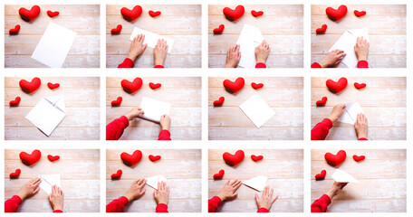 DIY for Valentines day. Instructions step by step. Do it yourself at home. Paper airplane the art of origami. Photo instruction banner collage of 12 steps.