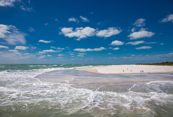 Sand beach with birds on the southern tip of Egmont Key State Park in the Gulf of Mexico on the west coast of Florida