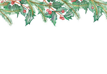 Watercolor hand painted nature winter holiday border banner frame with green fir branches, red holly berries and leaves composition on the white background for invitation and greeting card 