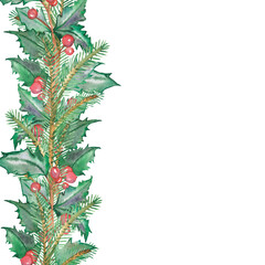 Watercolor hand painted nature winter holiday vertical banner frame with green fir branches, red holly berries and leaves bouquet on the white background for invitation and greeting card