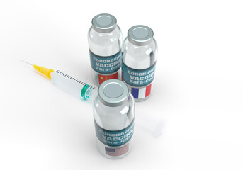 Coronavirus covid-19 vaccine bottles with concept of competition between countries