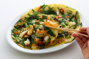 Korean pancake for side dish with vegetable, shrimp, garlic chive
