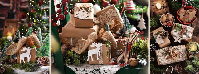collage with creative diy gift boxes for Christmas in vintage style