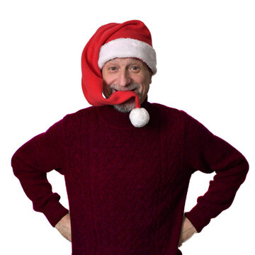 A Man With A Beard Wearing A Santa Hat On A White Background