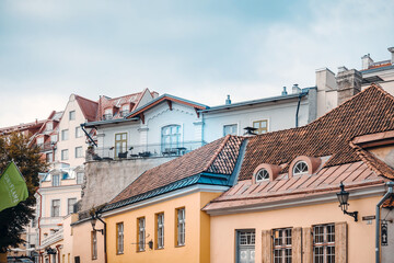 Fototapeta na wymiar TALLINN, ESTONIA - August 28, 2017: Antique building view in Old Town, Tallinn, Estonia