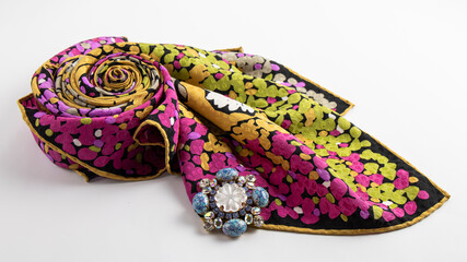 Beautiful big old brooch with sparkling  crystals,   blue Beijing glass and multi colored natural ...