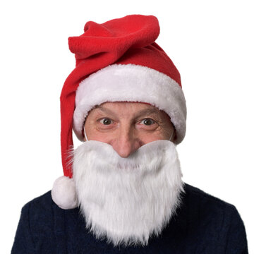 Man In Santa Hat And Fake Beard On White Background