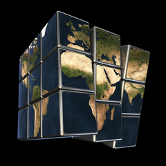 Earth magic cube on the black background 3D Illustration