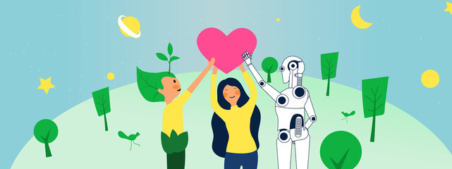 Human with robot and nature character holding heart together and lift up, Young woman smiling and hold pink heart. Concept power of dream. Vector illustration for graphic design or eco background