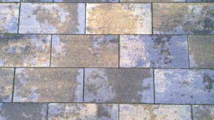 Paving slabs. Wet dirty surface after rain. Background of geometric shape. Gray, brown rectangles. Gradient effect. Grunge texture. Gray, brown rectangles. Beauty of symmetry. Copy space. 