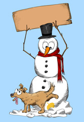 An unfortunate snowman gets peed on while he holds a large, blank, wooden sign.