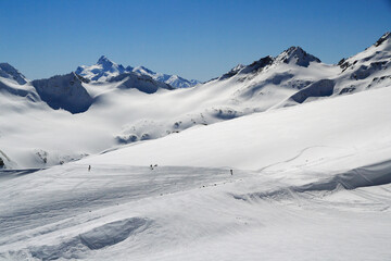 Naklejka premium Skiers on the Azau glacier on the slope of Mount Elbrus, Elbrus region, Caucasus