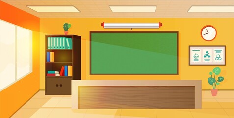 Classroom interior design background. Education in school vector illustration. Modern room with green blackboard, screen, bookcase with books and binders, desk, board with information, windows