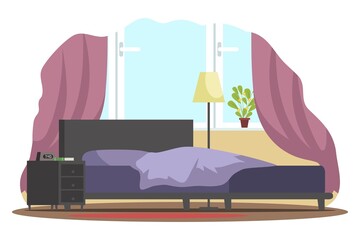 Bedroom interior design background. Room with window with curtains and plant, bed with pillow and blanket, lamp, cupboard with alarm and book. Modern home vector illustration