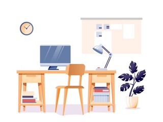 Modern home office interior design background. Room at home for work with chair, table with lamp and computer monitor, clock on wall isolated on white. Empty cosy area for working vector illustration