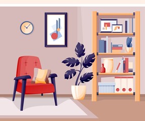 Modern home living room interior design background. Room at home for rest with armchair, shelves stand with books, vases, plants. Cosy area for relaxing vector illustration