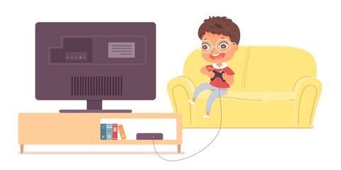 Kid playing video games on tv at home. Happy boy holding console and playing videogames with joystick in hands. Entertainment at home with technology vector illustration