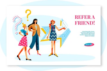 Refer friend sitepage template, woman recommending girls. Business referral vector illustration. People thinking, asking for job, friend recommending company with arrow. Question symbol signs