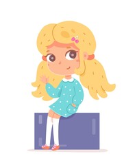 Cute girl sitting on rectangular shape. Primary school education worksheet for learning shapes vector illustration. Little girl with purple rectangular waving on white background