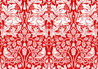 Hand drawn seamless pattern ornament with rabbit, bird and plants on red background. Vector illustration. - 397241187