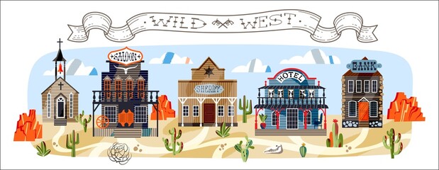 Wild west buildings on road horizontal background. Western american town panorama in wilderness vector illustration. Church, saloon, hotel, bank and sheriff house. Cactus and rocks on desert land