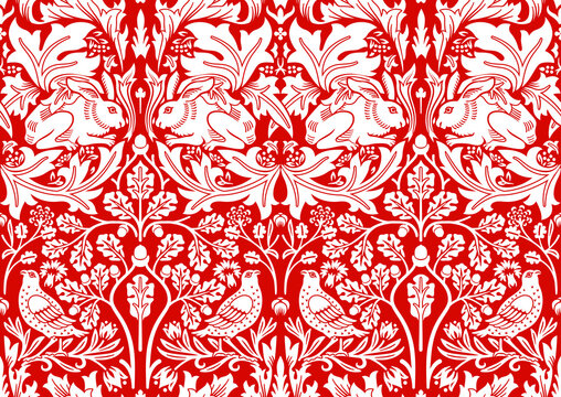 Hand drawn seamless pattern ornament with rabbit, bird and plants on red background. Vector illustration.