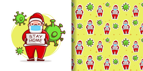 Christmas Cute Santa Cartoon Pattern Wear Mask With Corona Virus Background For Wrapping Paper