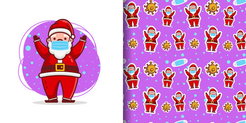 Christmas Cute Santa Cartoon Pattern With Mask and Corona Virus Background For Wrapping Paper