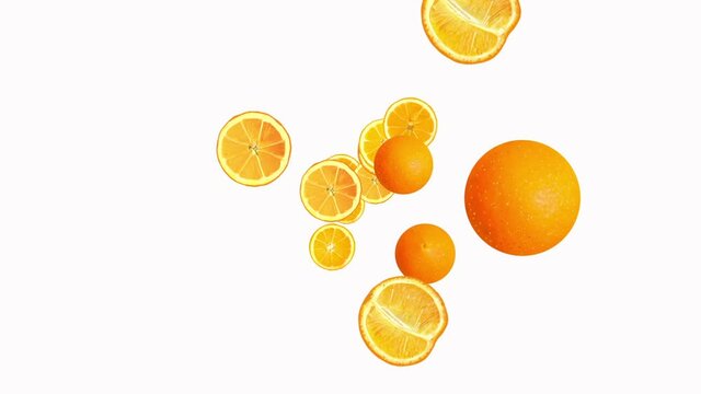 Flying many slices of oranges on a white background. Fresh fruits, food concept. Animation of rotating sliced orange fruits. Looped animation. Diet, health, fashion